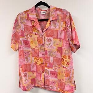 Women's Vintage pink orange yellow butterfly floral MP short sleeve button down